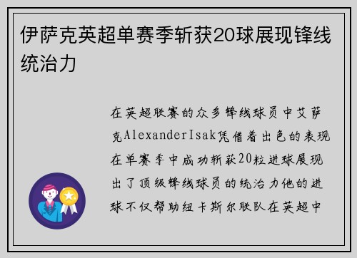 伊萨克英超单赛季斩获20球展现锋线统治力